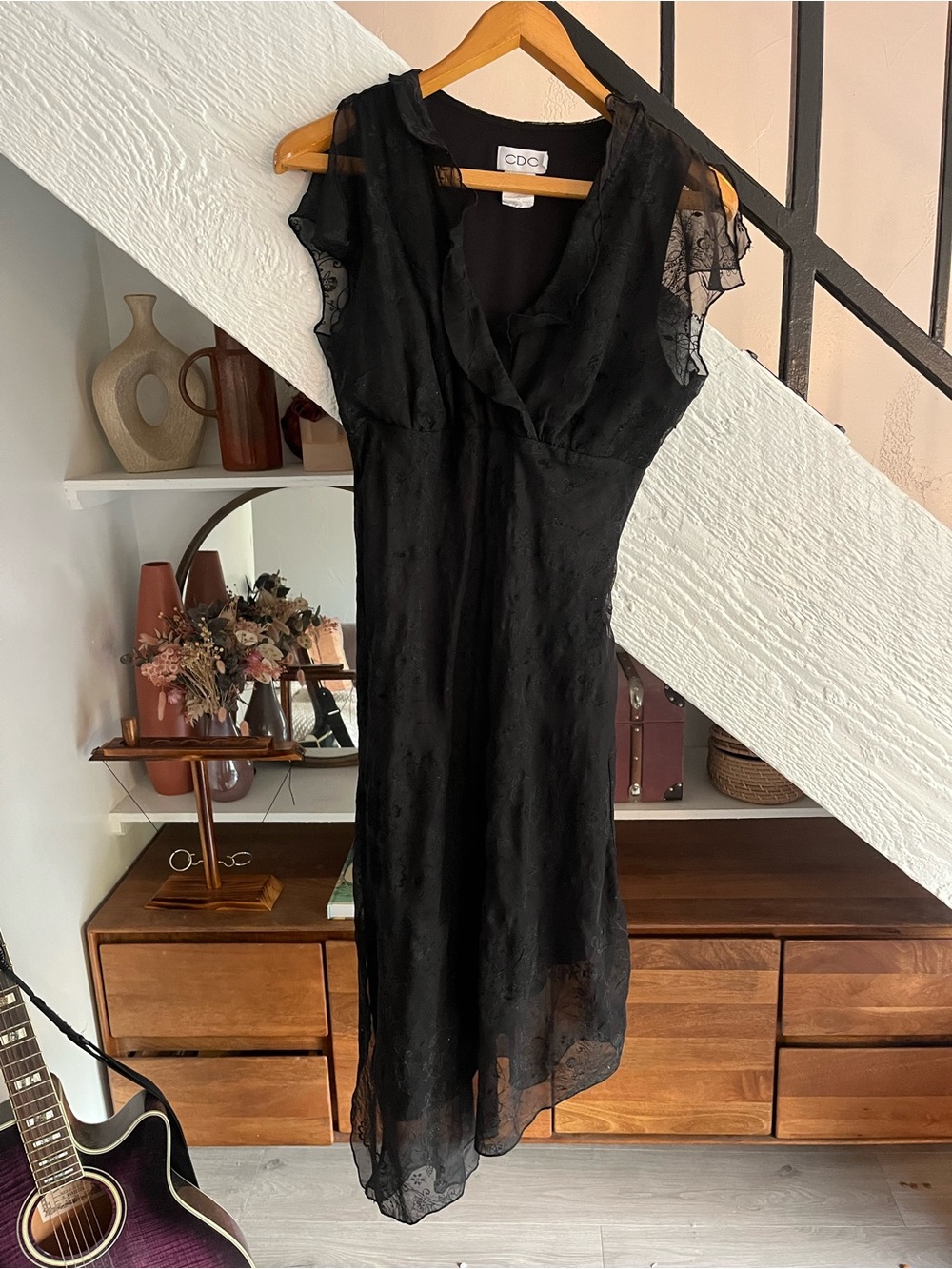 Vintage Y2K CDC Black Sheer Flutter Sleeve Asymmetrical Midi Dress